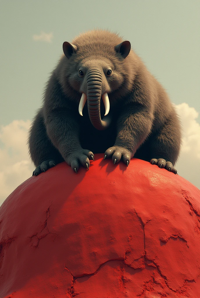 Create a picture of a mole as big as an elephant and it has a 3 meter long trunk. He sits on a big red hill. He must look very similar to a mole. He is as big as an elephant but with an extremely long trunk 