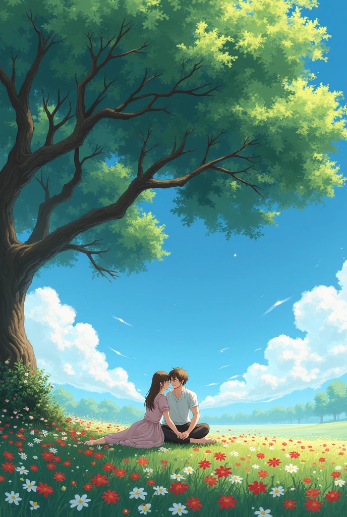 A couple sitting below A beautiful tree stands on red and white flowers grassland under bright sky anime style