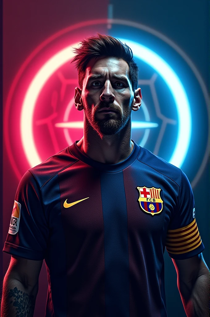 messi,like captain america but maroon and blue colors,Barça shield in the middle of a shield with concentric circles dim LED lights, BarÇa colors