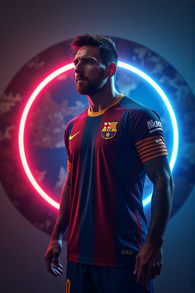 messi,like captain america but maroon and blue colors,Barça shield in the middle of a shield with concentric circles dim LED lights, BarÇa colors