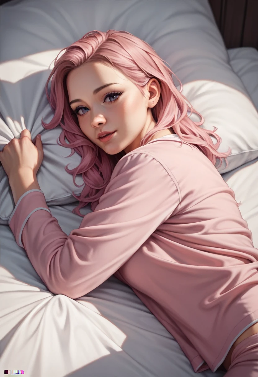 (masterpiece:1.4), (high-quality, high-definition, high-resolution), Realistic style, (primary warm vivid color palette),a beautiful woman with cold, cooling sheet on forehead, hair color light pink, wears warm pajamas, huddled under quilt in bed in private room, cold symptoms, pained expression, (richly drawn and delicate)
