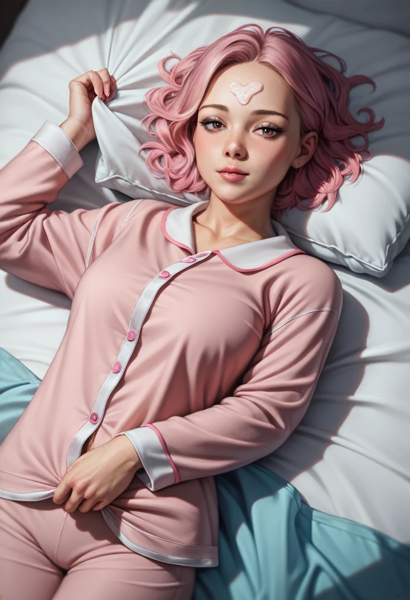(masterpiece:1.4), (high-quality, high-definition, high-resolution), Realistic style, (primary warm vivid color palette),a beautiful woman with cold, cooling sheet on forehead, hair color light pink, wears warm pajamas, huddled under quilt in bed in private room, cold symptoms, pained expression, (richly drawn and delicate)