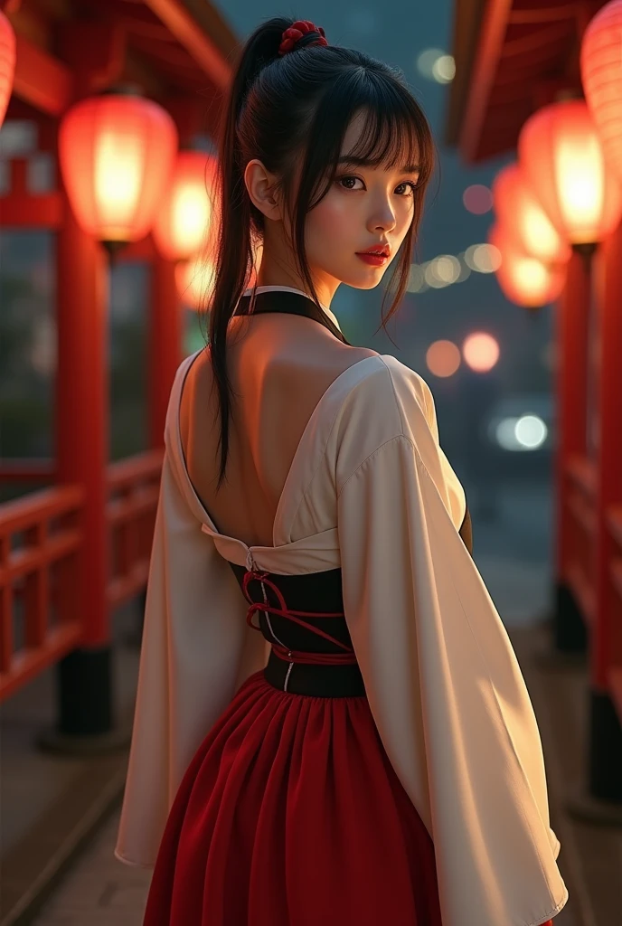 (Highest quality、masterpiece、8k、Best image quality、Hyperrealism、Award-winning works)、beautiful、(1 photo:1.1)、
One girl (Sexy priestess outfit, White sleeves, scarlet skirt、Black Hair, Short Ponytail、height: 160cm:1.1、bust:G Cup、Waist:58センチのWaist、Glamorous Body:1.5、A glimpse of her chest、Beautiful feet、Seductive pose、とてもRealistic、Blurred Background、Accurate anatomy、Perfect Makeup、Long eyelashes、Glossy Lips、Big eyes:1.4、Patchy double eyelids、The best smile)、I&#39;m looking forward to (Ceremony at the shrine, At night, Japanese lanterns in the background:1.4) , Iris(Highest quality, Ultra-high resolution, Realistic, RAW Photos, Real person, Portrait Photography, Realistic, Detailed skin, Fair skin, beautiful細部までこだわった目) 