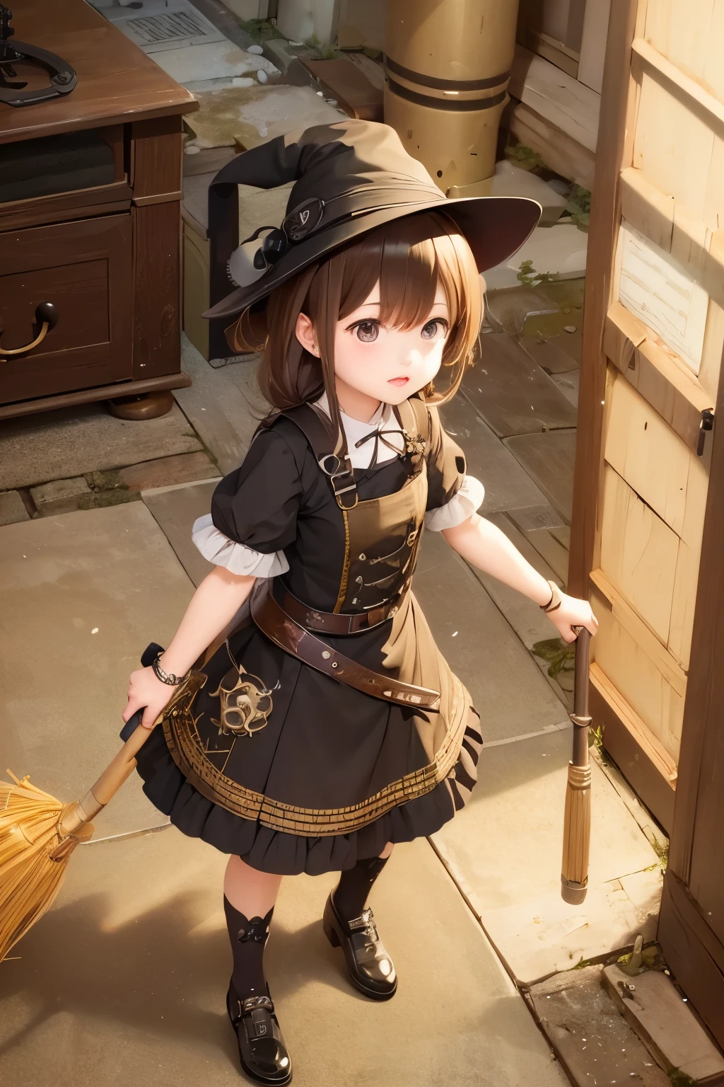 (Highest quality:1.2)。steampunkai。One Girl。little cute witch。Walking with a big broom on one&#39;s shoulder。(A bright smile)。The background is a European-style rural area。Early morning、Clear sky before sunrise。