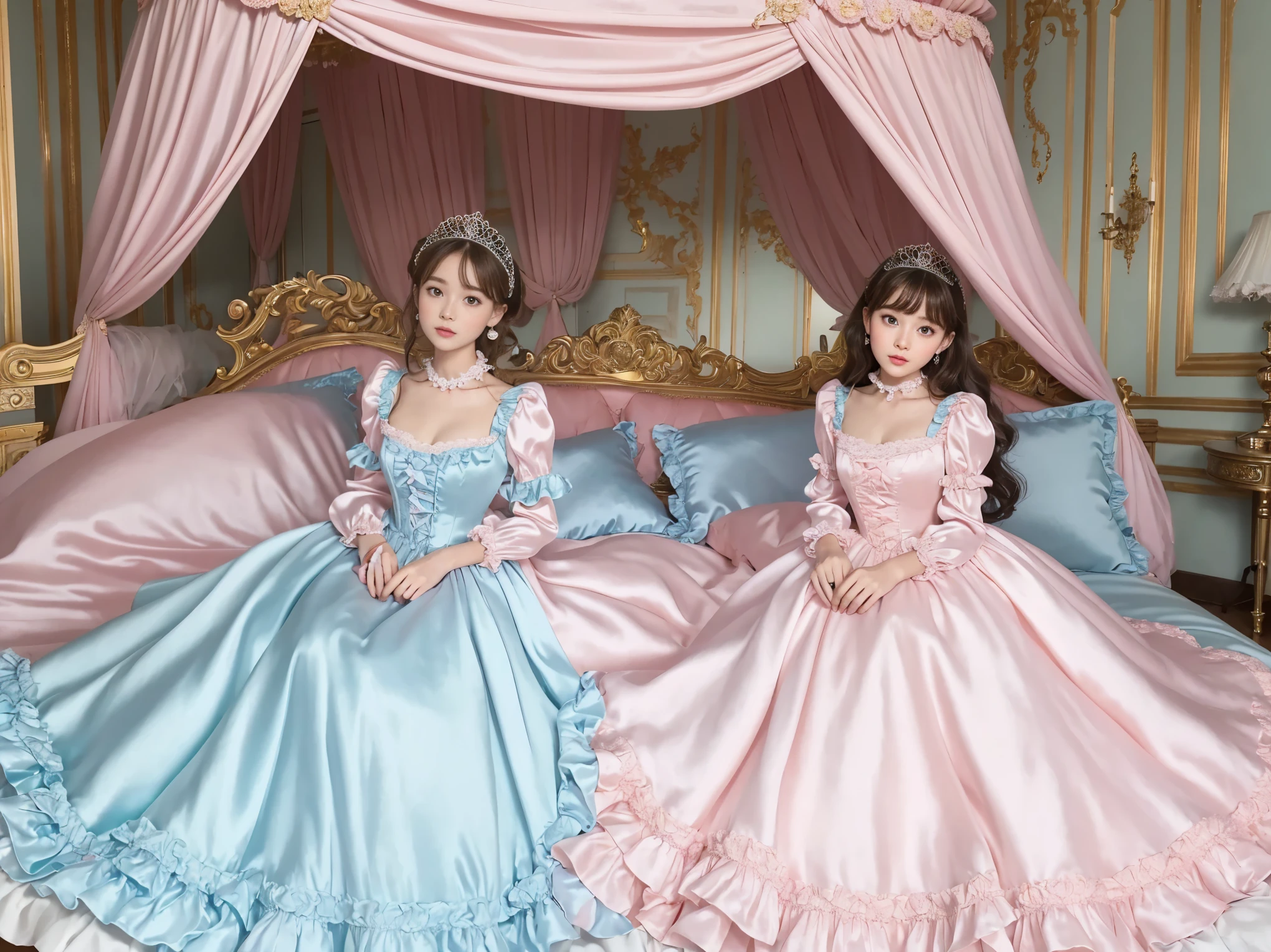 ,Highest quality, masterpiece, Highest Resolution, artwork, super それにGet used to it, many Get used to it, Get used to it, それにGet used to it, 3K realistic photo,,(( 1.6)),((Young girl 1.6)),Super detailed baby face,Both are princesses,Full-length ball gown dress with hoop skirt,Frilled yoke collar, sleeves,Long sleeve,((Princess satin dress with pastel details in a classic style、Lots of frills and ribbons。)),Colorful Rococo Fashion,shiny satin dress,Soft and smooth fabric,luxury,Long blonde hair,blue eyes,White skin European,pajamas,((Interior of a palace bedroom)),Luxury pink princess canopy bed,Silk satin bed sheets and ruffled pillows,many frilly pillows,Large and wide々Comfortable king-size bed,Sit on the bed,Detailed bed,