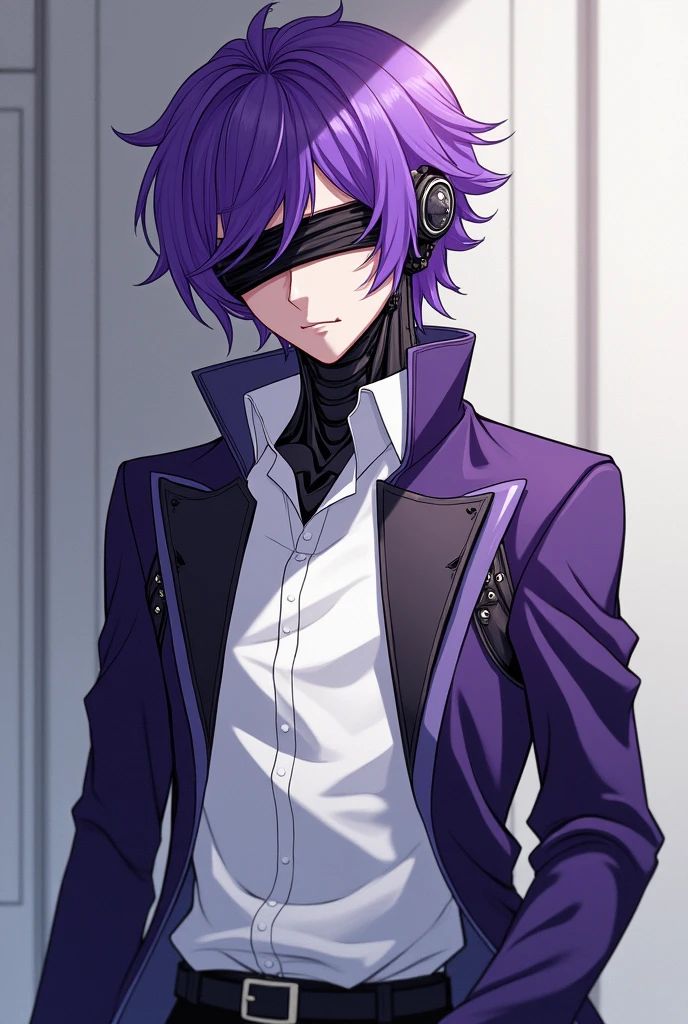 Make me a male anime character, a robot human, whose eyes are covered with black cloth and whose hair is purple, wearing a white shirt and a purple jacket.