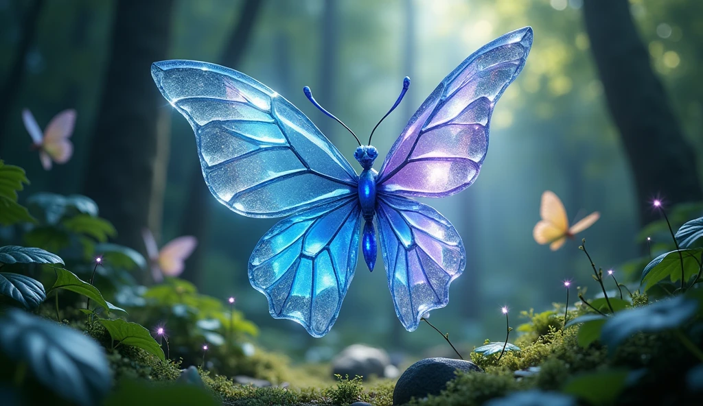(Dancing in this mysterious forest is a butterfly made of magic crystals。Its delicate wings are as crystal clear as transparent crystals,Shimmering with a soft glow。Each wing is inlaid with brilliant and colorful crystals,From blue to purple,Exudes a captivating sheen,It seems that there is infinite magic hidden in it。The body of a butterfly is also made of crystals,It glows faintly blue,It gives a mysterious and pure feeling。Its antennae are slender and soft,Swinging gently,It's as if you're dancing with the spirits and nature around you,It shows an elegant temperament)。The background is a fantastical forest of elves,The trees are verdant,Tiny elves fluttered among the leaves,They shimmer,Leave a trail of shining marks in the forest, Bio-luminescence,with dynamism,Colorful,colours,(with light glowing,with light glowing),(Beautiful composition),Movie Lighting,iintricate,(symmetry:0.5),whimsically,Surrealism, Cubist Futurism, Ghibli-like colours, first-person view, Wide-Angle, uhd, masterpiece, ccurate, anatomically correct, textured skin, super detail, high details, award winning, 8k