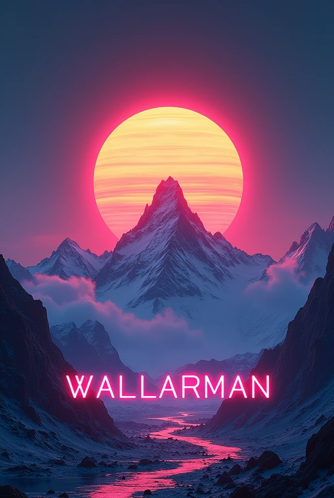 Neon sun with mountains and the inscription WALLARMAN in the middle
