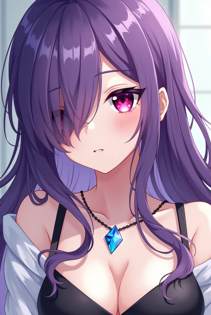 A beautiful girl with violet hair and magenta eyes and a black cornea on her left eye. Beautiful. Her breasts are big. Her clothes are black and her sleeves are white. She wears a bright blue gem necklace. Her hair covers her left eye. Has a bright blue gem on her forehead. Beautiful. There is only one gem on her necklace. Her hair covers part of her left eye. Anime ai. Her hair is long . Her hair covers her left eye. The gem on her forehead is in the middle and is bright blue.