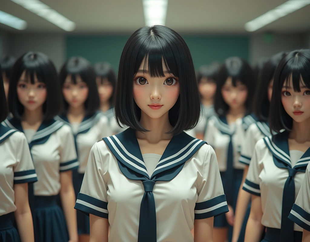 (Japanese Clone-girls=Myself), (Super Best masterpiece Clone-girls Raw Photography Art), (16K, Highest quality, Ultra-high resolution, RAW Photos), (It&#39;s so unrealistic., With unparalleled depiction, With an unfathomable sight, An unprecedented and shocking worldview, Clone-girls: In a world of mass reproduction, Ultra-realistic depiction), (Japanese girls, shinozaki-ai, 16yo), (Small face, Black Hair, Medium Hair, Dark Eyes, Mature face, Cute Smile), (Laughing expression), (Very beautiful and detailed girl, Accurate body structure, Accurate body movements, Very detailed body), (Super big breasts, Large bulge of ample breasts), (High School Girl School Uniform, Emphasise the fullness of your breasts), (Very detailed, Myself cloning, Depiction of splitting oneself, 1Myself girl→1,000,000,000,000,000,000,000,000,000,000Myself cloning girls), (Myself clone girlsは, With the same perfect appearance, to multiply in large numbers), (Very detailed depiction, Myself&#39;s multiplying female body, In the same female body,With the same face, With the same hairstyle, In the same clothes, At the same height, 同じSuper big breastsで, A completely indistinguishable female body, 1,000,000,000,000,000,000,000,000,000,000 people), (Myself girls only), (1,000,000,000,000,000,000,000,000,000,000Myself girls), lecture hall, Lecture, Chat with Myself, Enjoyable lessons, sit, Ultra-wide field of view, Focus on the average value of the image, Bright and easy on the eyes lighting.
