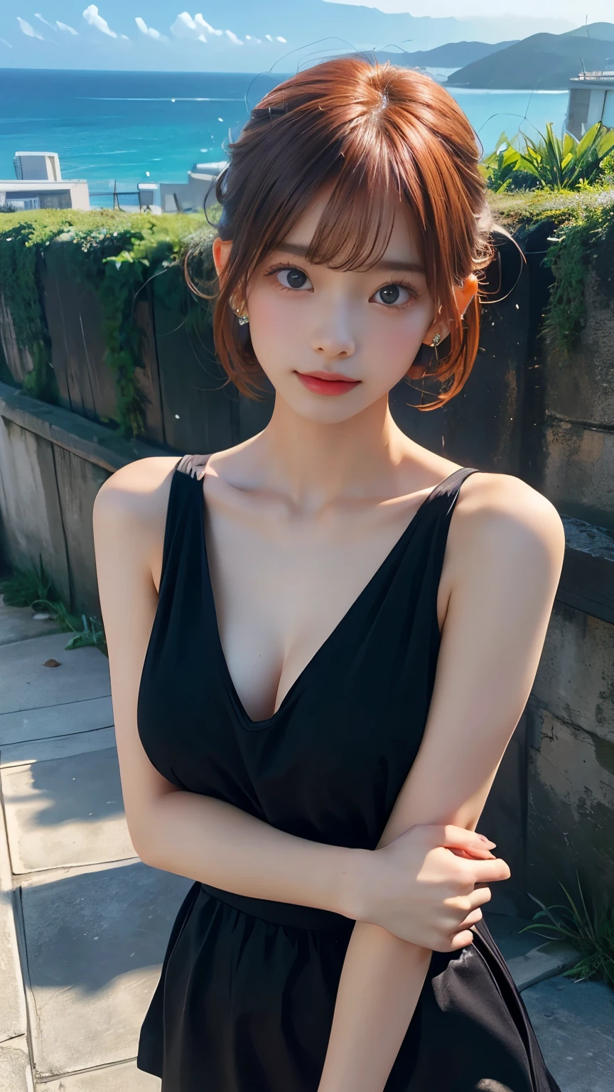 Highest quality,Realistic,masterpiece,detailed,High resolution,cute , chest, 1 girl, alone, Nipples, Masturbation, No fixes, , big chest, blush, , grabbing own chest, Pull up clothes, pulling up shirt, Poster (object), short hair, belly button, Sweat, Are standing, jewelry, Earrings, Outdoor, Bottomless, Mole, Orange Hair,, lips apart, very good, clavicle, Glowing Skin, lips, Open your mouth, shirt, Green Eyes, vein, Realistic,Excited,Flushing,splash,Black and white bikini,Ocean View,High ground,The sea in the distance,Altitude 300 meters,View from the mountains,detailedな手,beer garden,terrace,evening,sunset