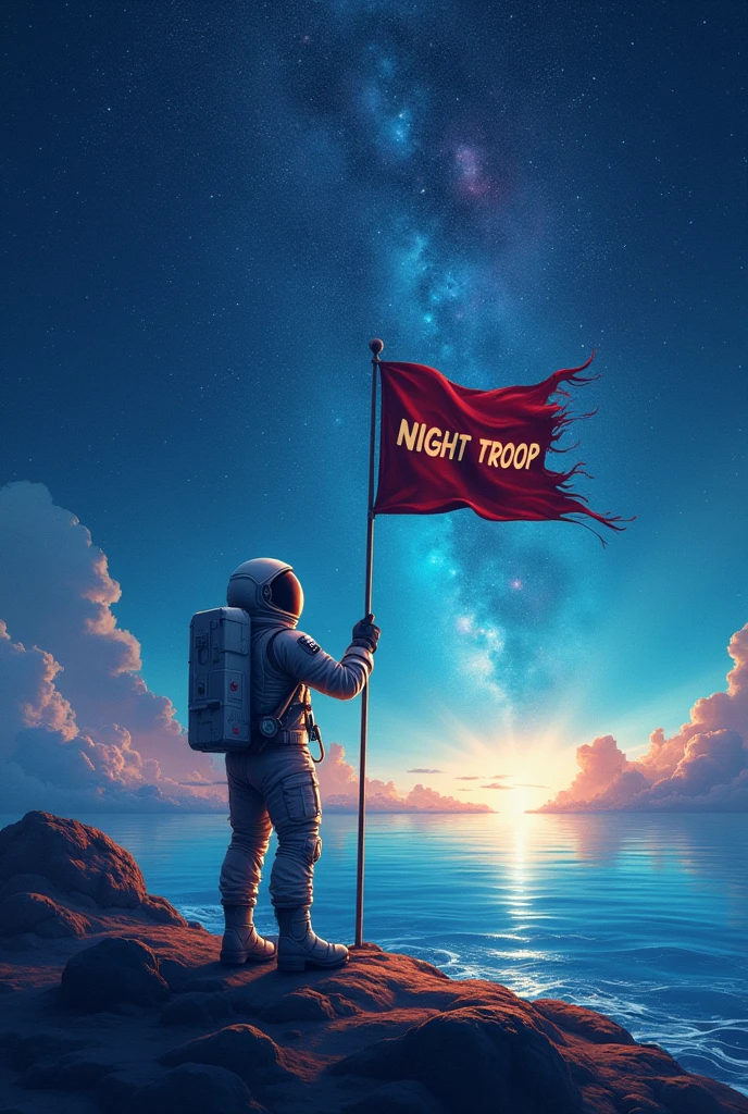 Create an animated back design for a shirt with an outer space feel. , sea and astronaut holding a flag with night troop written on it