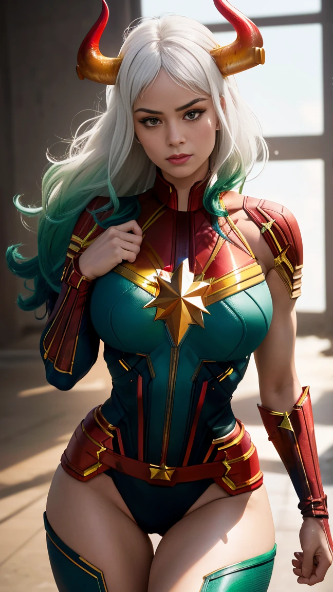 Foto de corpo inteiro, (best qualityer:1.3), sultry posing, captain marvel, (demon girl), very huge breasts, seductiv, sexly, white hair with light green tips, horn with red tips