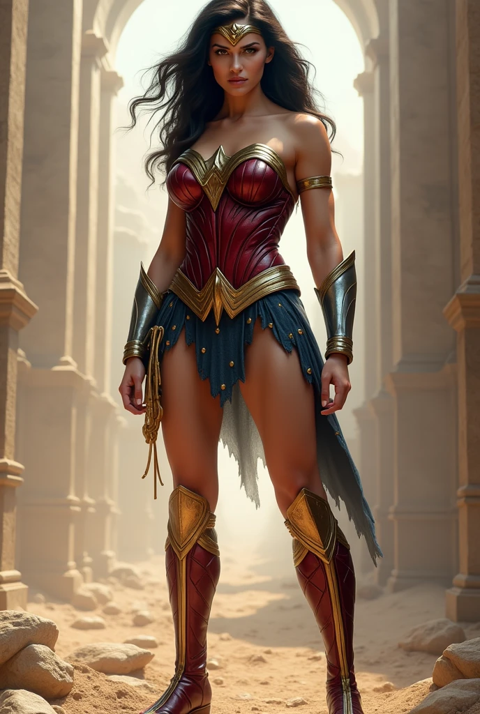 ((Full body photo, standing, feet on the floor)) Make Wonder Woman, thigh-high gladiator sandals