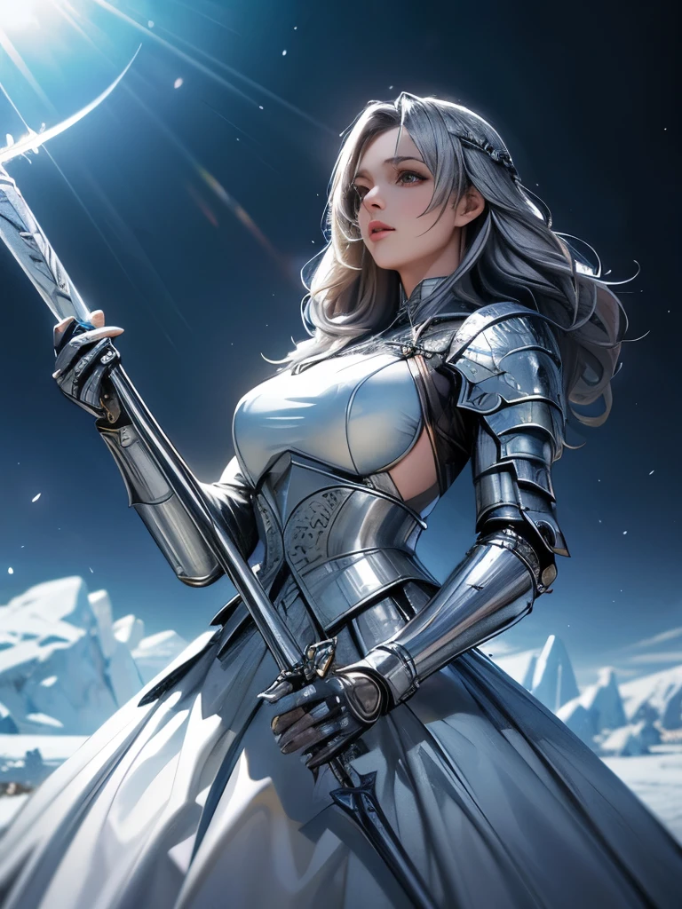 Perfect natural light、8K High Resolution、High resolution、Beautiful woman、masterpiece、Beautiful Mature Woman、RPG-style world、Knight Commander、Hold a rapier、Silver-haired knight、Large Breasts、Ice Palace