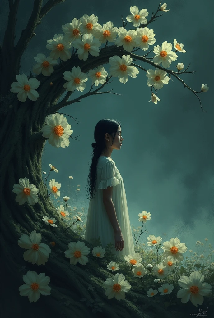 make me a book cover aesthetic about "alamat ng sampaguita" it should be kind of sad and black background as its a sad