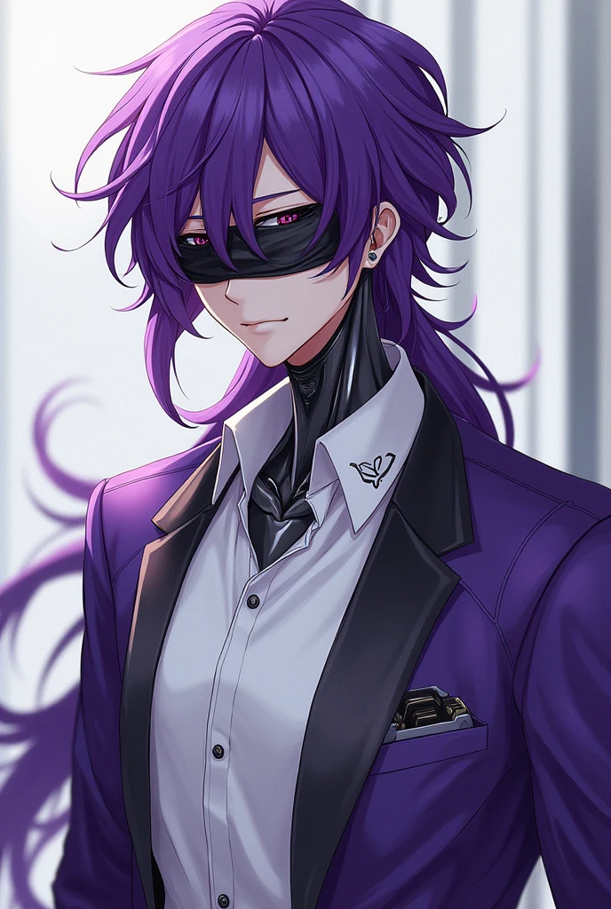 Make me a male anime character, a robot human, whose eyes are covered with black cloth and whose hair is purple, wearing a white shirt and a purple jacket. 