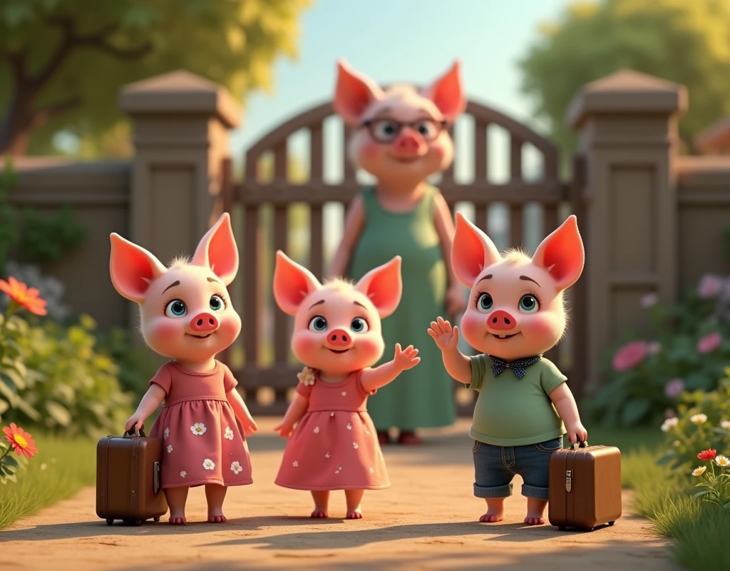 pixar style, 3d, 3 cute happy piglets and 1 mother pig, the piglets are of same height wearing dresses are outside the village with suitcases looking back and waving goodbye, mother pig is wearing glasses and a long dress and waving bye at the gate, one piglet on the left is wearing pink dress with white flowers holding a pink suitcase, second piglet in the centre is wearing green dress with white polka dots is holding a green suitcase, one piglet on the right is wearing white t-shirt blue jeans and a blue bandana is holding a blue suitcase, game button art, Game illustration, lovely digital painting, artstation for kids art, Official artwork, key art, mobile game art, cover game art, zootopia concept art, (soft lighting:1.3), (green and earthy color scheme:1.3), (highly detailed), (ultra quality:1.3), (masterpiece), (digital art), 8K resolution, HDR, depth of field, (soft shadows), (photorealistic:1.3), (animation:1.2), (by Greg Rutkowski:0.9), (in the style of Alphonse Mucha), trending on ArtStation, award-winning art, 3d style

