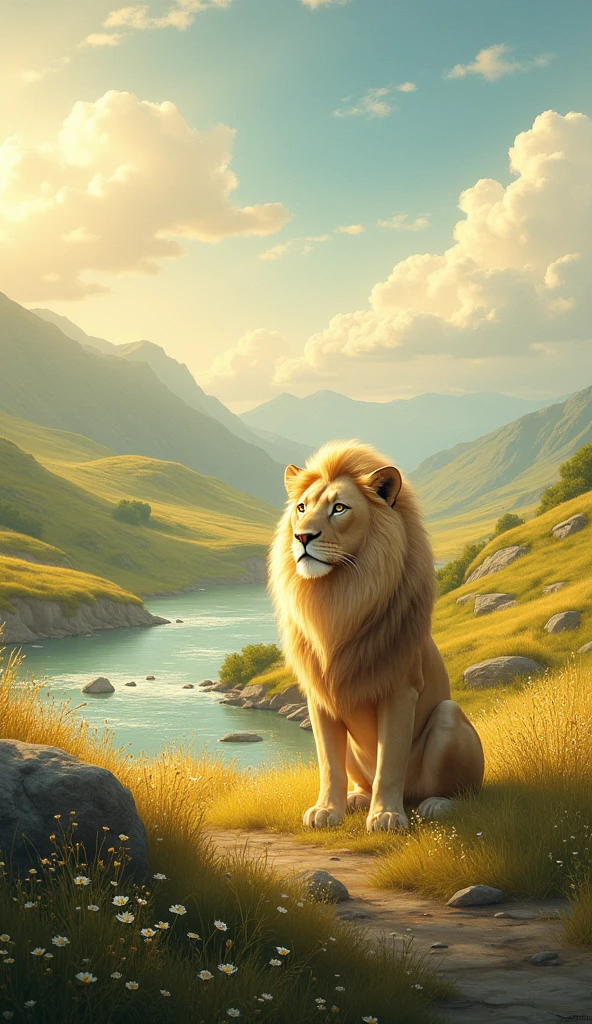 Generate a beautiful landscape with a light-haired lion