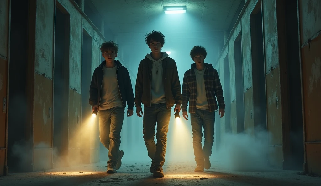 front view of Three male students cautiously walking through a dusty corridor in an old dormitory. They are holding flashlights that cast narrow beams of light from flashlights , illuminating the thick dust in the air and the eerie, abandoned surroundings, "one student is ager with short, tousled hair, wearing a hoodie and jeans. Holds a flashlight, showing a tense, anxious expression", "second student is teen with medium-length hair, dressed in cargo pants and a t-shirt. Carries a flashlight, displaying a brave yet nervous demeanor.", "third student is teenagerh slightly longer hair, in jeans and a flannel shirt. Holds a flashlight with a skeptical and cautious look."
