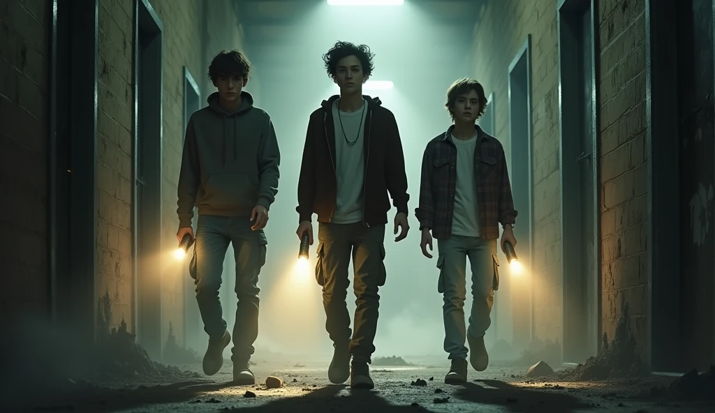 front view of Three male students cautiously walking through a dusty corridor in an old dormitory. They are holding flashlights that cast narrow beams of light from flashlights , illuminating the thick dust in the air and the eerie, abandoned surroundings, "one student is teenager with short, tousled hair, wearing a hoodie and jeans. Holds a flashlight, showing a tense, anxious expression", "second student is teenager with medium-length hair, dressed in cargo pants and a t-shirt. Carries a flashlight, displaying a brave yet nervous demeanor.", "third student is teenager with slightly longer hair, in jeans and a flannel shirt. Holds a flashlight with a skeptical and cautious look."