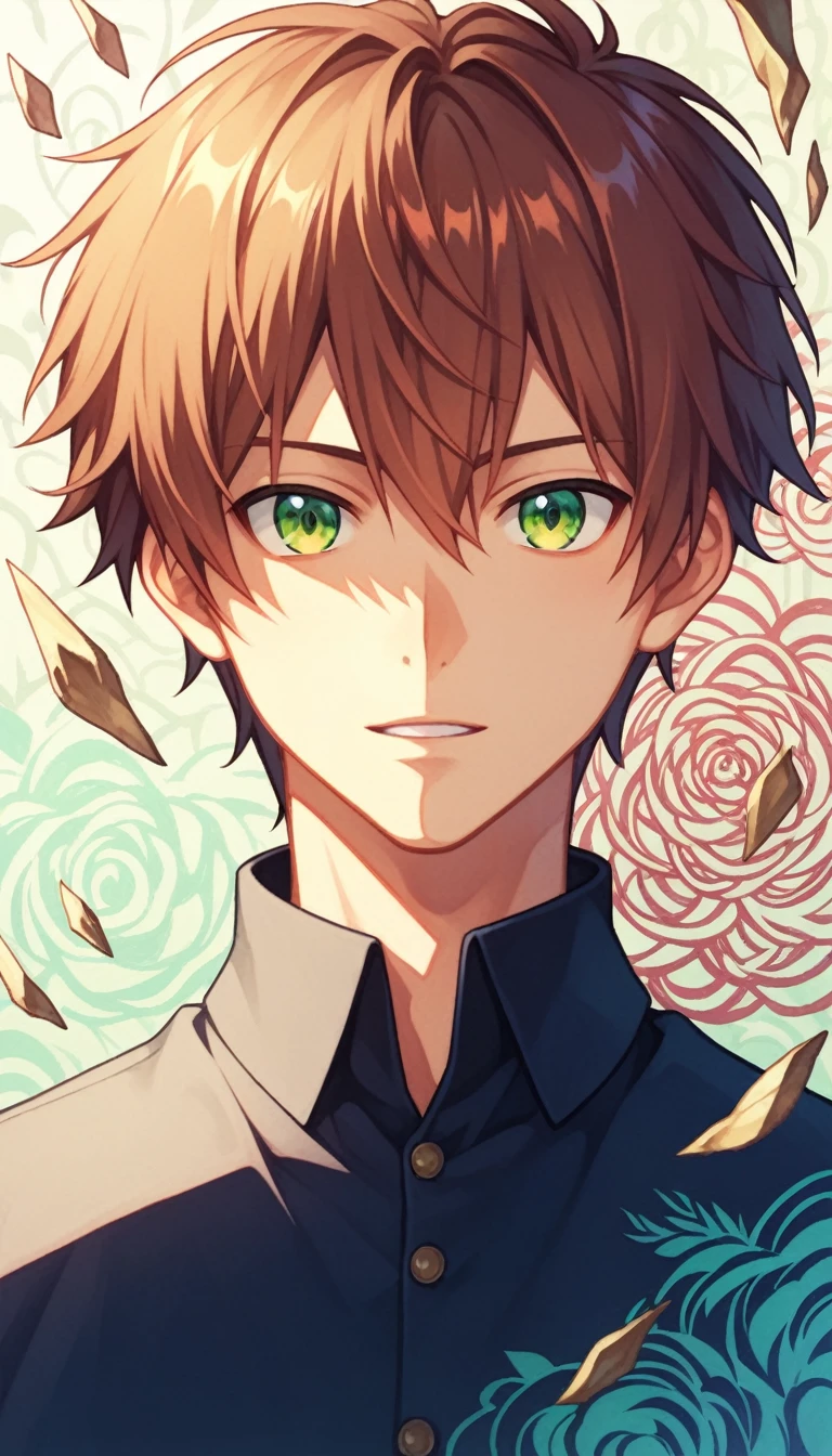 Anime Style, male, Reddish brown hair, Green Eyes, Sharp eyes, short hair, Calm. wise, 甘えん坊系male子, Pop graffiti background, Surrealism, Expressionism, Anime Style, Cast a Shadow, Film Grain, Vignetting, silhouette, 1080P, Anatomically correct