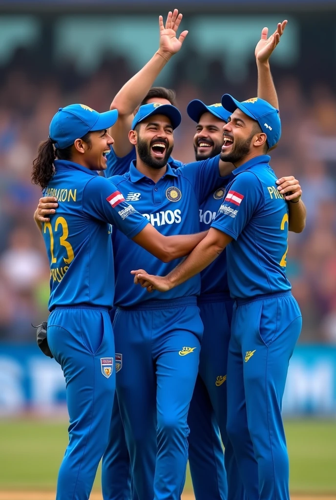 A cricket team in blue jersey celebrating win