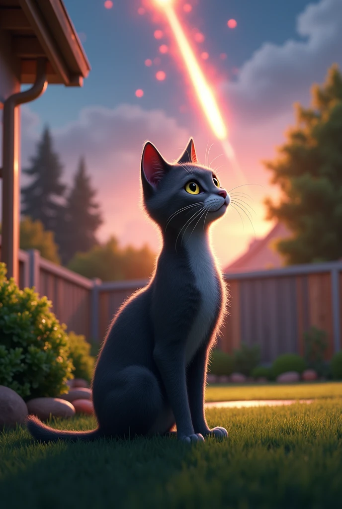 Meteor Crash Landing:

Prompt: "A sleek, gray tabby cat named Whiskers stands in a suburban backyard as a glowing, otherworldly meteor crashes into the ground nearby. The scene is depicted in high-resolution, Disney Pixar style with vibrant colors and detailed meteor effects."Human type cat standing in the garden 