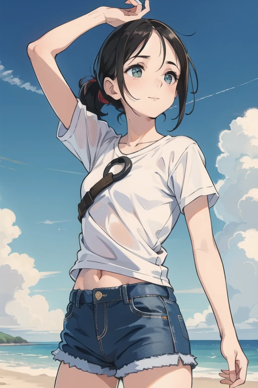 1girl, cute girl, solo, a junior student girl, dynamic pose
BREAK (tareme, short eyes:1.5), (oval face, droopy eyes:1.4), grey-green eyes, eye highlights, blush, smile
BREAK forehead, flat hair, straight hair, no bangs, center parted forehead, side swept to backward, low ponytail, medium hair, black-hair
BREAK (petite body, girlish fleshy body:1.5), large breast, white T-shirt, denim hot pants, beachside background
BREAK Masterpiece, best quality, 4K, HDR, realistic lighting, soft lines, from front, cowboy shot, perfect anatomy, perfect