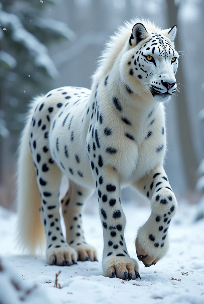 A horse that has powerful paws instead of hooves, white fur with black spots, with a long, fluffy tail like a snow leopard