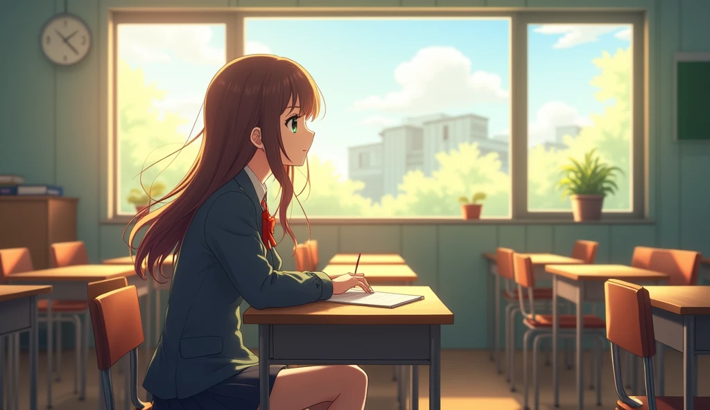 Girl in high school classroom,Last row by the window,Looking out the window,Wearing uniform,Smiling happy expression,Shinkai Makoto style,Anime Style、Long Hair