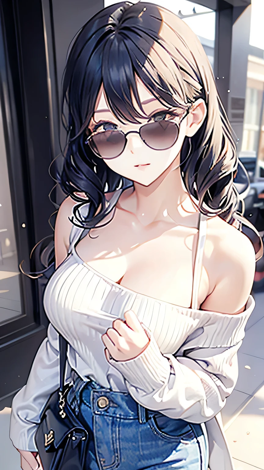 Spiral Curls,Hair is soaked,sunglasses,Bend over,Staring closely at the camera lens,Chest close-up,One size larger crew neck sweater,Shoulder bag,Waist