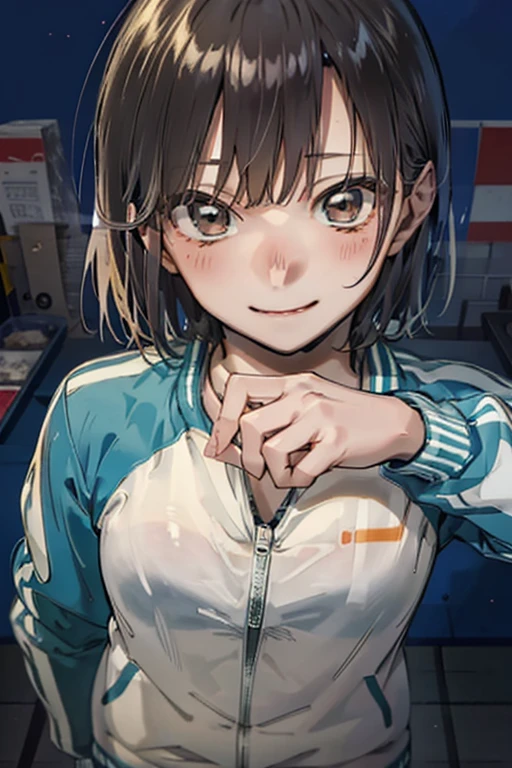 ((best quality)), ((masterpiece)), (detailed), 1girl, sexly, ChinatsuKano, (complete anatomy), Perfect Fingers,  比基尼, track jacket, embarrassed, seductive smile, drunken eyes, 
Selfie,
clothes lift,
playground, high school, Ground, (from above:1.2),((close up head)),