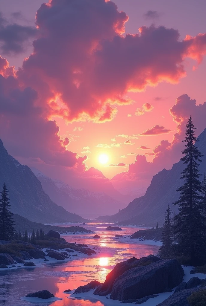 Realistically Depth emphasis、Spectacular purple and orange sunset、There are big clouds Snowmelt