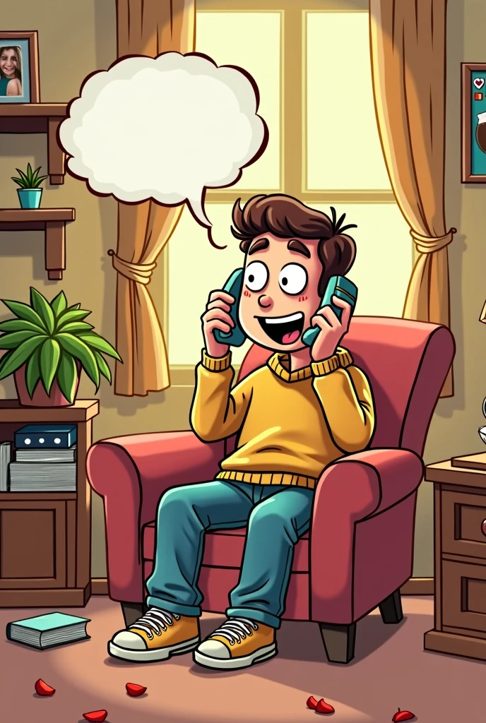 Cartoon of a 4 man talking to himself, by phone at home