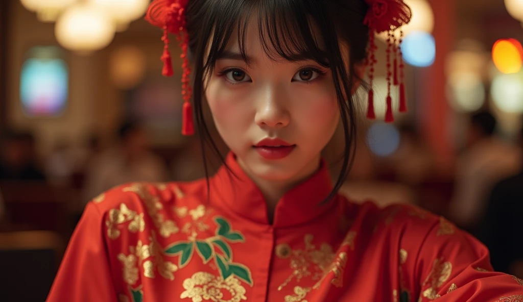 Cute chinese girl, wears chinese traditional shirt, ((big out from shirt)), ((i can see her pussy)), out, sex position, step sister, fatal position, realistic, i can see and pussy, casino background