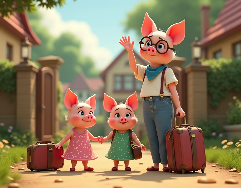 pixar style, 3d, 3 cute happy piglets and 1 mother pig, the piglets are of same height wearing dresses are outside the village with suitcases looking back at mother pig and waving goodbye, mother pig is wearing glasses and a long dress and waving bye at the gate, one piglet on the left is wearing pink dress with white flowers holding a pink suitcase, second piglet in the centre is wearing green dress with white polka dots is holding a green suitcase, one piglet on the right is wearing white t-shirt blue jeans and a blue bandana is holding a blue suitcase, game button art, Game illustration, lovely digital painting, artstation for kids art, Official artwork, key art, mobile game art, cover game art, zootopia concept art, (soft lighting:1.3), (green and earthy color scheme:1.3), (highly detailed), (ultra quality:1.3), (masterpiece), (digital art), 8K resolution, HDR, depth of field, (soft shadows), (photorealistic:1.3), (animation:1.2), (by Greg Rutkowski:0.9), (in the style of Alphonse Mucha), trending on ArtStation, award-winning art, 3d style