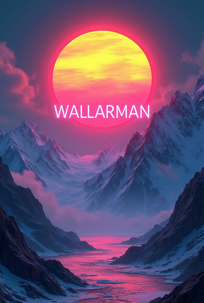 Neon sun with mountains and the inscription WALLARMAN in the middle