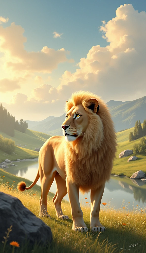 Generate a beautiful landscape with a light-haired lion