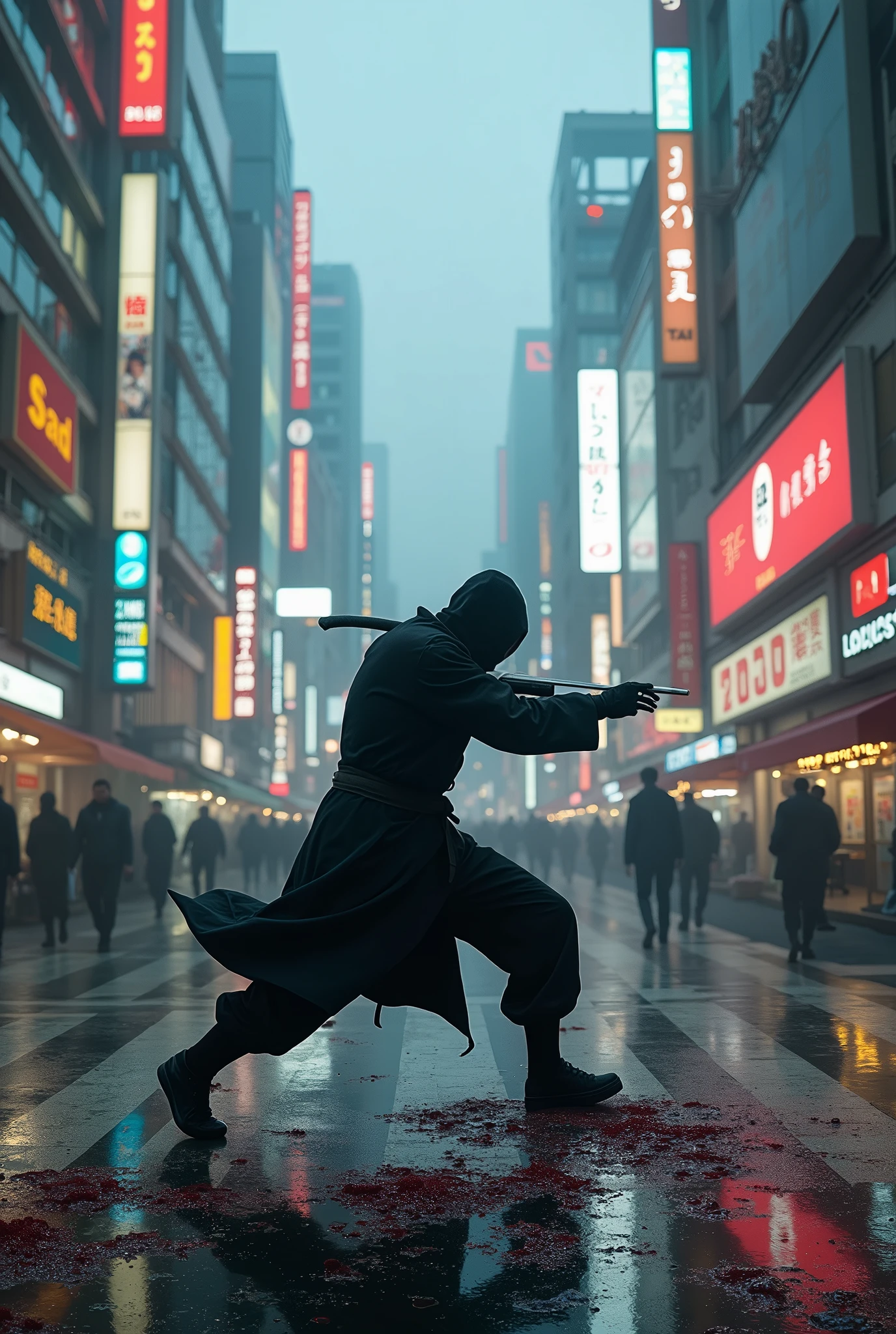(high quality, 8k, 4K, high contrast, masterpiece: 1.2, 最high quality, best aesthetic), Shibuya crossing, post-apocalyptic, 1 man, focus, intense fight, fighting action pose, ((( Blur effect motion speed: 1.6))), destroyed Tokyo atmosphere, empty street scene, broken neon signs, depressing atmosphere, fast movement, ((motion blur on arms)), shadow assassin, assassinating an enemy , destroyed architecture, blood on the ground, less blood stained, evil energy, cinematic colors, dynamic settings, atmospheric perspective, epic lighting, (1vs1), (desenfundado).