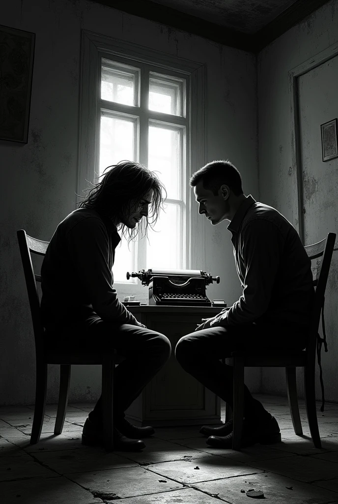 A b&w image of two men, sitting facing each other in a dimly lit dilapidated writing room. The one answering the questions in 2, with messy long hair that almost covers his face and dark eyes and looks horrified of something. He has cuts on his face. The one asking him is 1 with short hair. There is no light in the room and it's night. There is a typewriter behind them and they are sitting on couches with a window behind the scared man's back