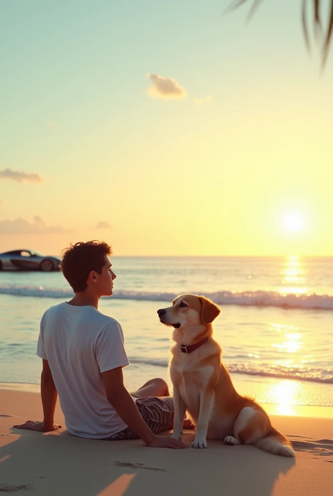 A young man
and dog sitting in sea beach and enjoying the sunset with pleasent nature and clan sky and near by there is sports car