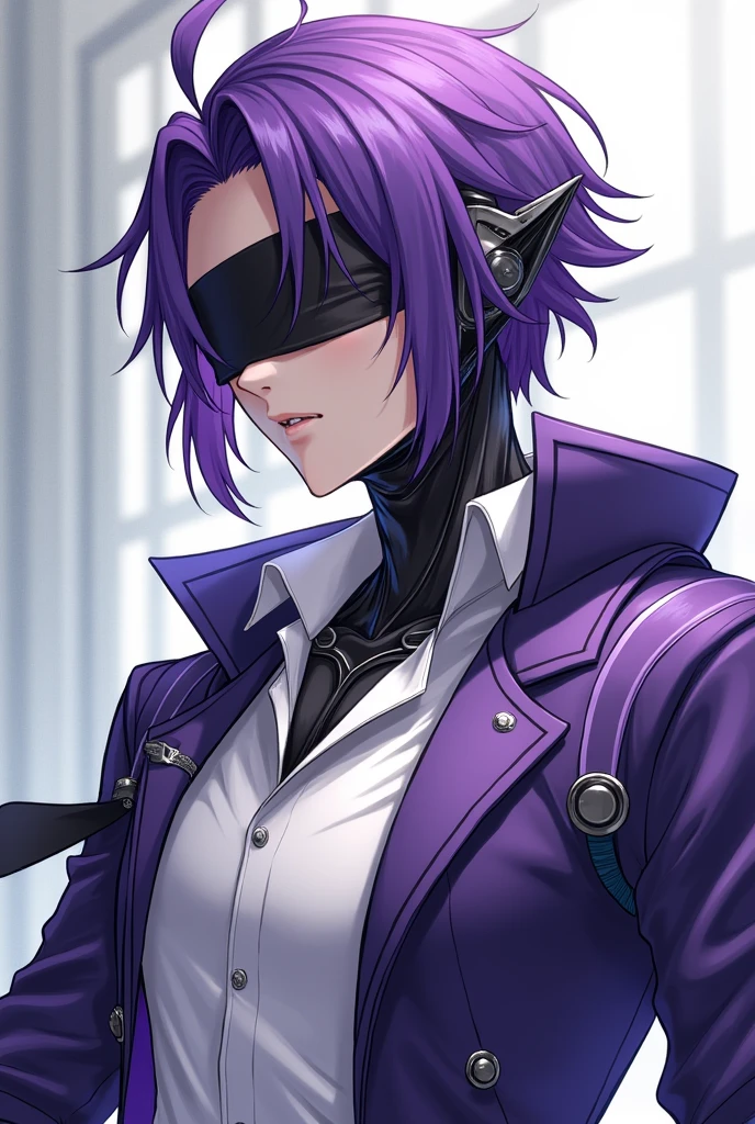 Make me a male anime character, a robot human, whose eyes are covered with black cloth and whose hair is purple, wearing a white shirt and a purple jacket.
