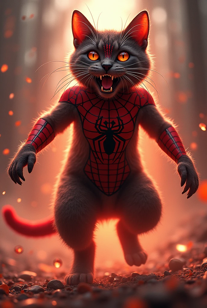 Transformation into Spider-Cat:

Prompt: "Whiskers is bathed in a bright, swirling light as the alien spider infuses him with powers. His appearance changes into Spider-Cat with a red and black spider-themed suit and web patterns. The transformation is dynamic and full of energy, with glowing effects highlighting his new abilities."