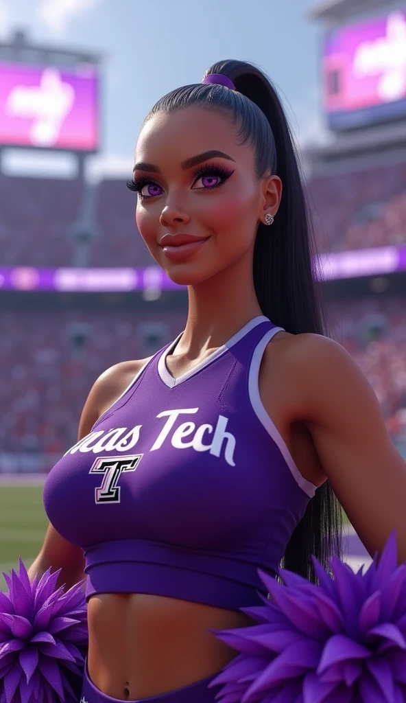 beautiful, plump, mexican woman, standing in a purple colored footbal stadium, purple, detailed eyes, beautiful detailed lips, extremely detailed eyes and face, longeyelashes, full body, 1woman, professional, neat long hair, tight ponytail, wearing purple cheerleader outfit with the words, texas tech, adventurous, cheering to a full packed purple football crowd, (best quality,4k,8k,highres,masterpiece:1.2),ultra-detailed,(realistic,photorealistic,photo-realistic:1.37),studio lighting,vivid colors,sharp focus,physically-based rendering,extreme detail description