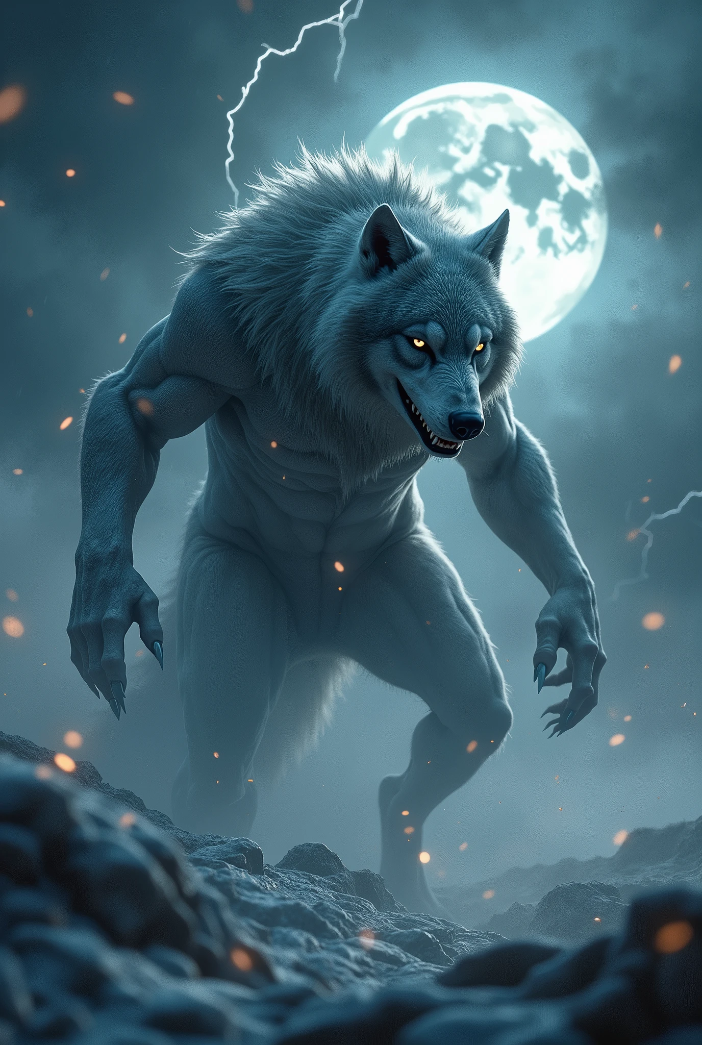 Wolf God, hyperrealistic, tension, chill, Highly detailed, sharp focus, professional, 8K UHD, Kinematic, dark, violent, outdoor, Time, battle, chase, dramatic, vivid, nervous vibe, Do, epic, twilights, eat the moon, HdR, album cover art, blizzard, lightning, cataclysmic