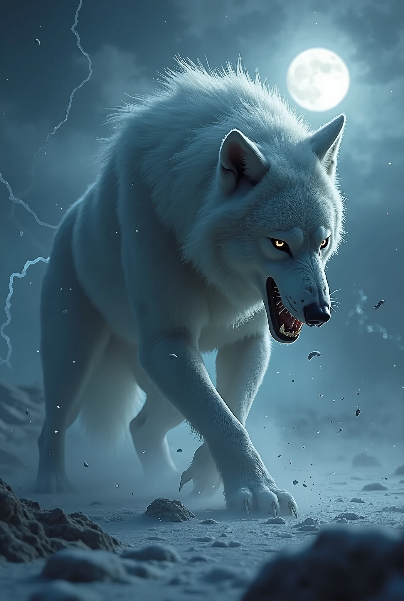 Wolf God, hyperrealistic, tension, chill, Highly detailed, sharp focus, professional, 8K UHD, Kinematic, dark, violent, outdoor, Time, battle, chase, dramatic, vivid, nervous vibe, Do, epic, twilights, eat the moon, HdR, album cover art, blizzard, lightning, cataclysmic