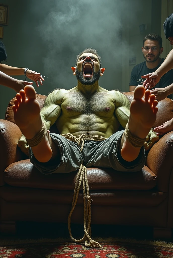 A handsome，Orc with abs tied to the sofa，Shoes taken off，Revealing two big bare feet，Both feet are locked in the foot，Feet raised，Soles facing forward，Five toes tied with rope in foot，His hands were tied tightly to one end of the sofa.，His upper body was stripped，Wearing only a pair of trousers，Being tickled by a man in a cap，His armpits were constantly tickled by feathers.，The soles of his feet were being scratched by two brushes.，The toes are also tickled by the feathers growing from the toes.。The abdomen is scratched with a brush，And he laughed，Struggling hysterically，Swinging his two feet，I want to escape from this nightmare.，But can only endure the punishment of being tickled。*（Have an expression of laughing like being tickled，Keep your feet elevated，The soles of your feet should face the screen）
