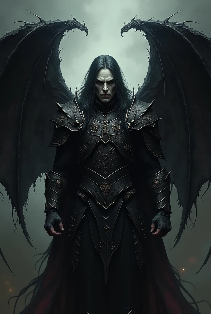 make a dark portrait of realistic vampire warrior with demon wings and dark stuff 