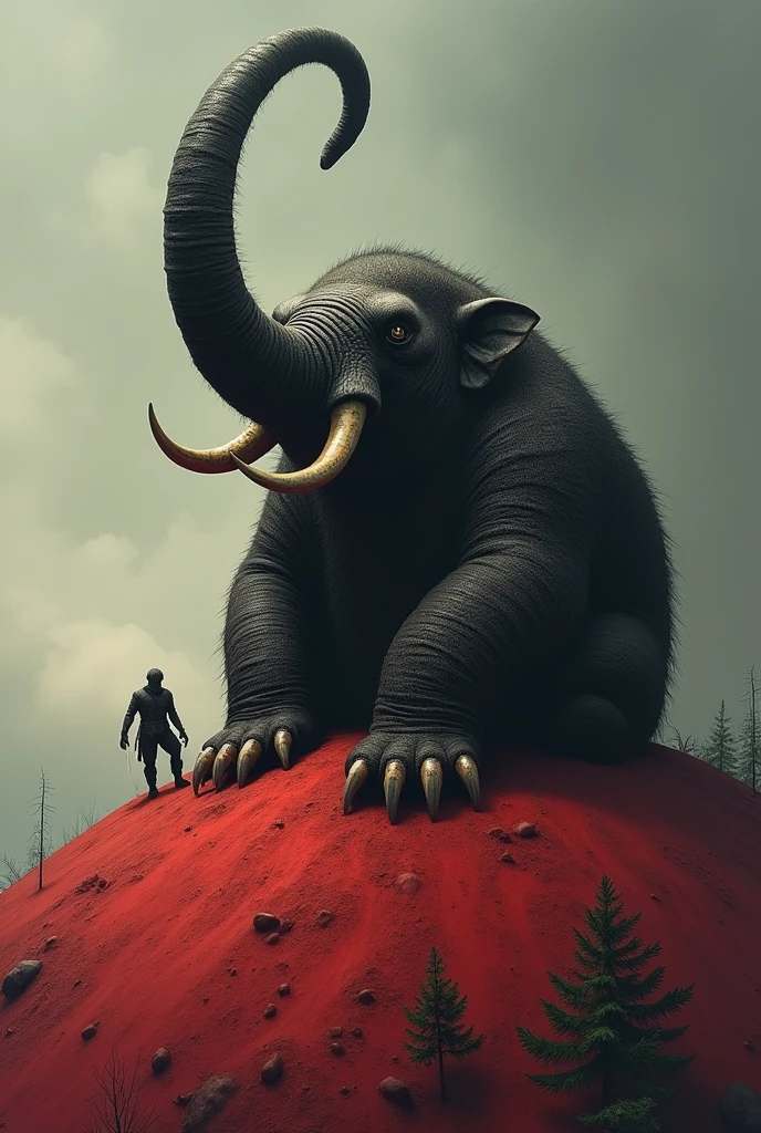 Create a picture of a mole as big as an elephant and it has a 3 meter long trunk. He sits on a big red hill. He must look very similar to a mole. He is as big as an elephant but with an extremely long trunk . He needs to look a little more scary and stretch his giant trunk in the air